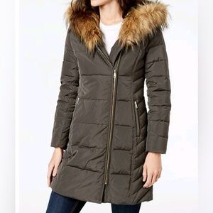 Cole Haan Olive Puffer Jacket with Faux Fur Trim